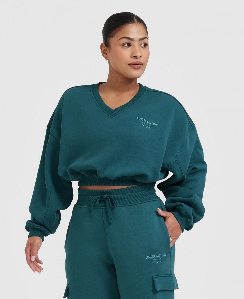 Oner Active All Day Est 2020 Crop V-Neck Sweatshirts Blauw Turquoise | FRV-043821