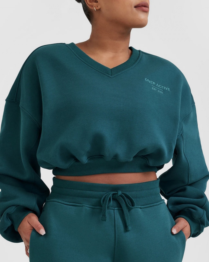 Oner Active All Day Est 2020 Crop V-Neck Sweatshirts Blauw Turquoise | FRV-043821