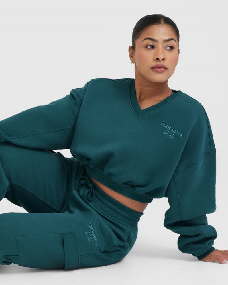 Oner Active All Day Est 2020 Crop V-Neck Sweatshirts Blauw Turquoise | FRV-043821