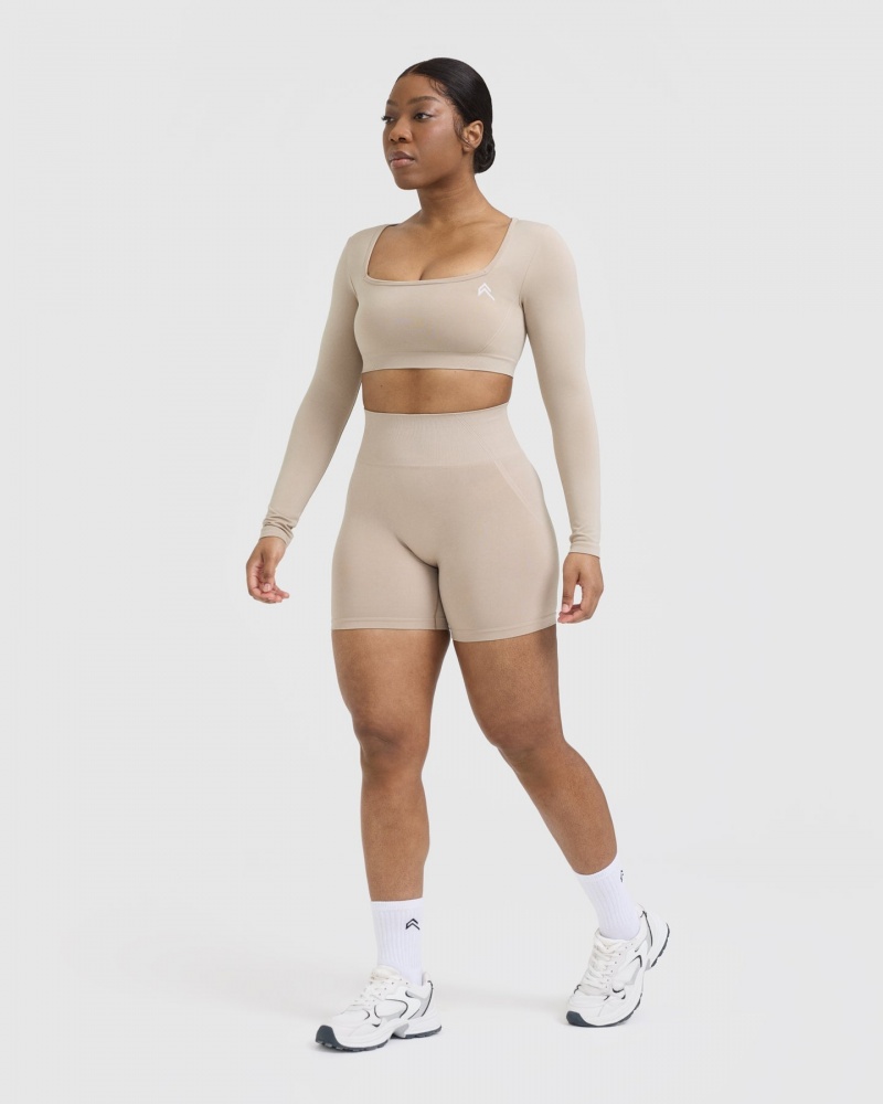 Oner Active Effortless Square Neck Crop Long Sleeve T-shirts Lichtbruin | LUQ-923415