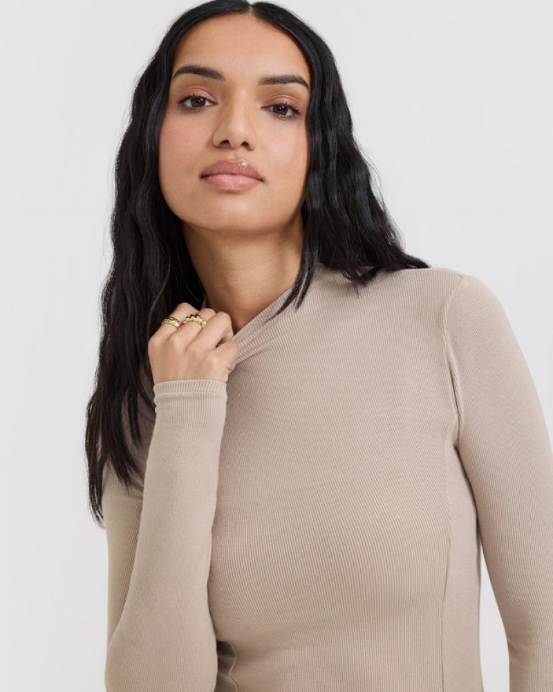 Oner Active Mellow Rib Mock Neck Long Sleeve T-shirts Lichtbruin | RHS-459381